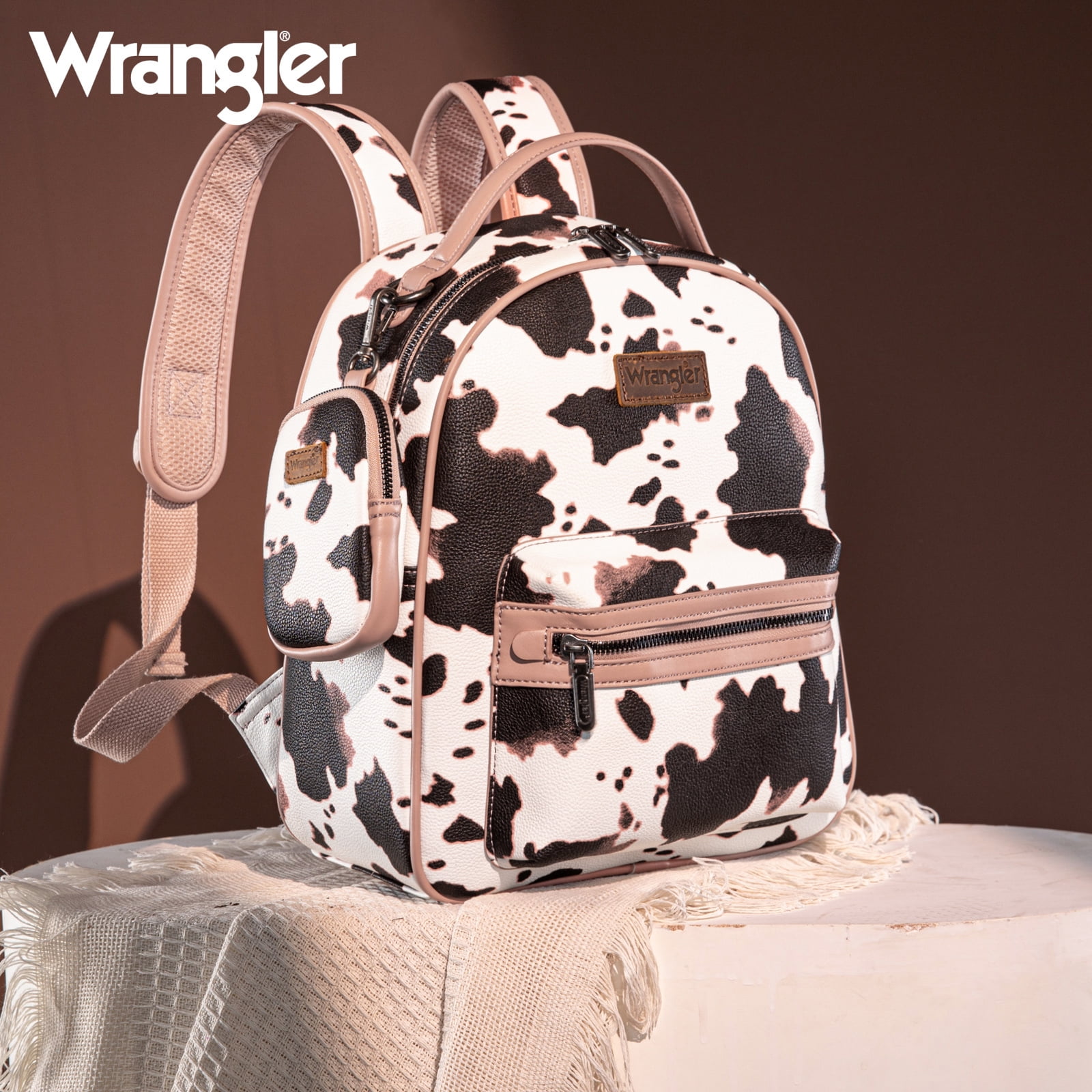 Wrangler Mini Backpack Cute Cow Print Backpack Purse for Women, Allover Cow Print Pink
