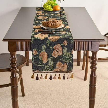 

Table Runner Luxury Jacquard Fabric Dining Table Runner with Tassels for Home Decoration Kitchen Party 12 x 47 ，Style 3