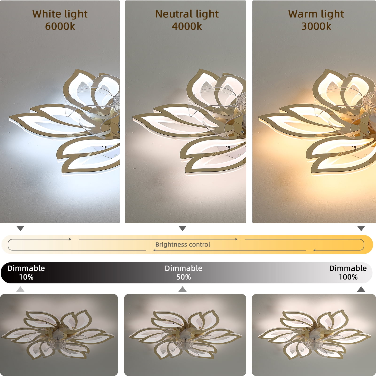 Eowynic 25.5 Inch Flower Shape Modern Flush Mount Bladeless Ceiling Fans with Led Lights Chandelier APP & Remote Control, DC Motor, 6 Speed, Gold
