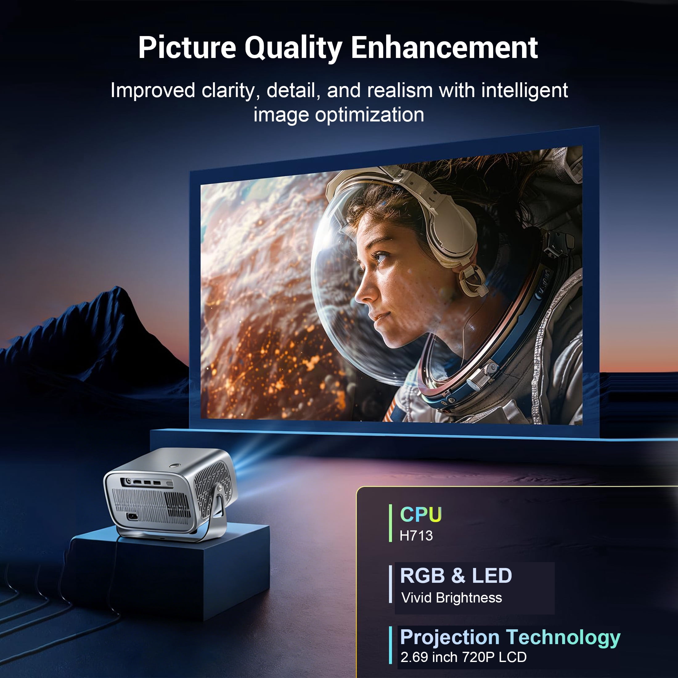 BDQ Projector with WiFi and Bluetooth, Telecontrol focus& Auto Keystone, 1080P HD 4K Support, Smart Projector with Built-in Streaming Apps, Portable Projector for Outdoor & Home Movie