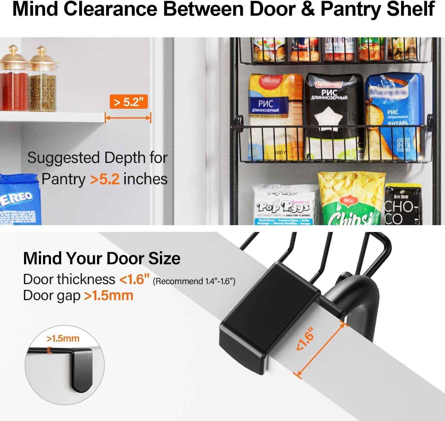 6-Tier Over the Door Pantry Organizer, Metal Pantry Organizers and Storage, Spice Rack Pantry Door Organizer for Easy Install, D5 x W18 x H50 inch - Black