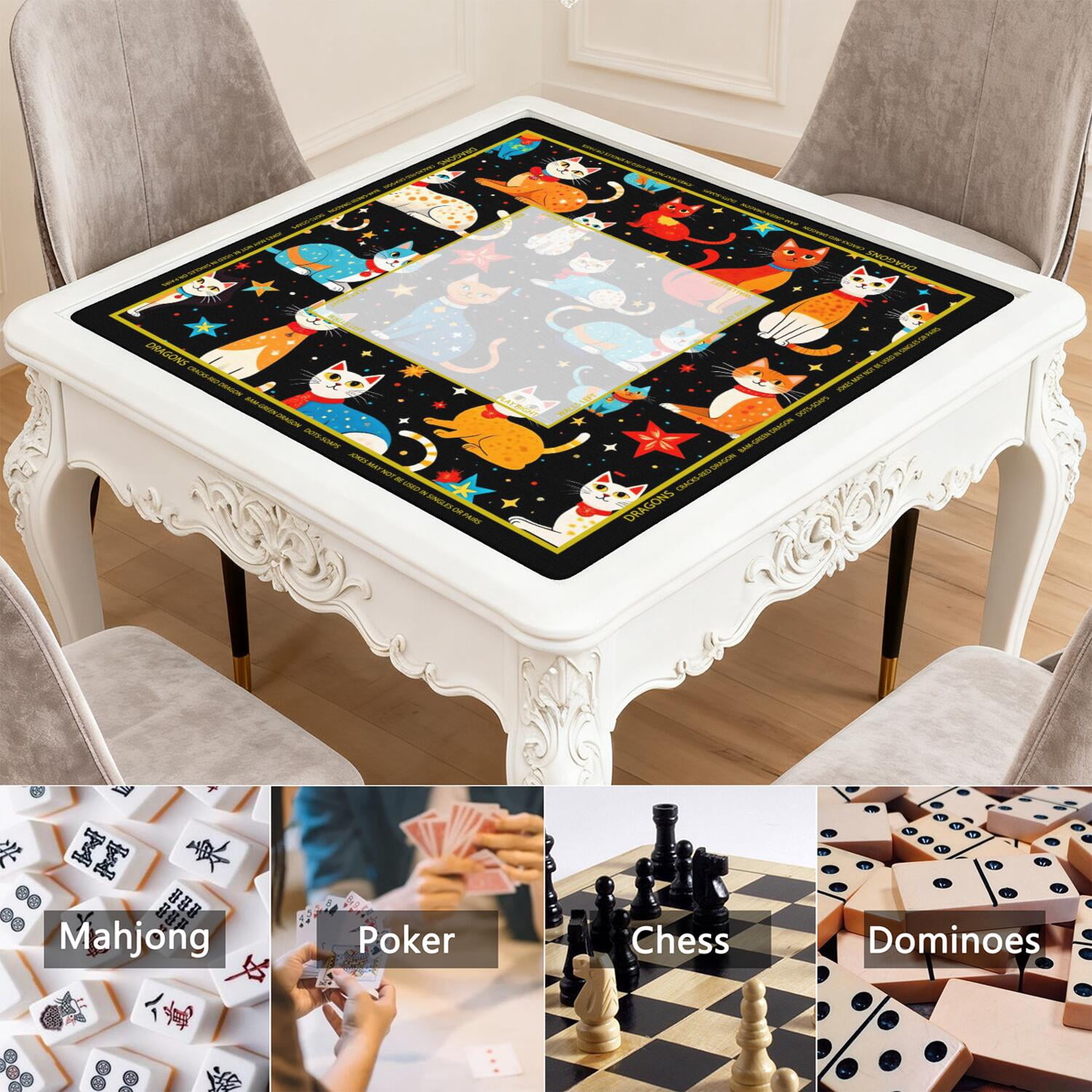 Cute Cat Mahjong Mat for Table, 31.5*31.5in Anti Slip American Mahjong Table Cloth, Noise Reduction, Neoprene Mah jongg Mat with Carrying Bag & 3 Dices, Mahjong Sets Gift, Board Tile Games Mats