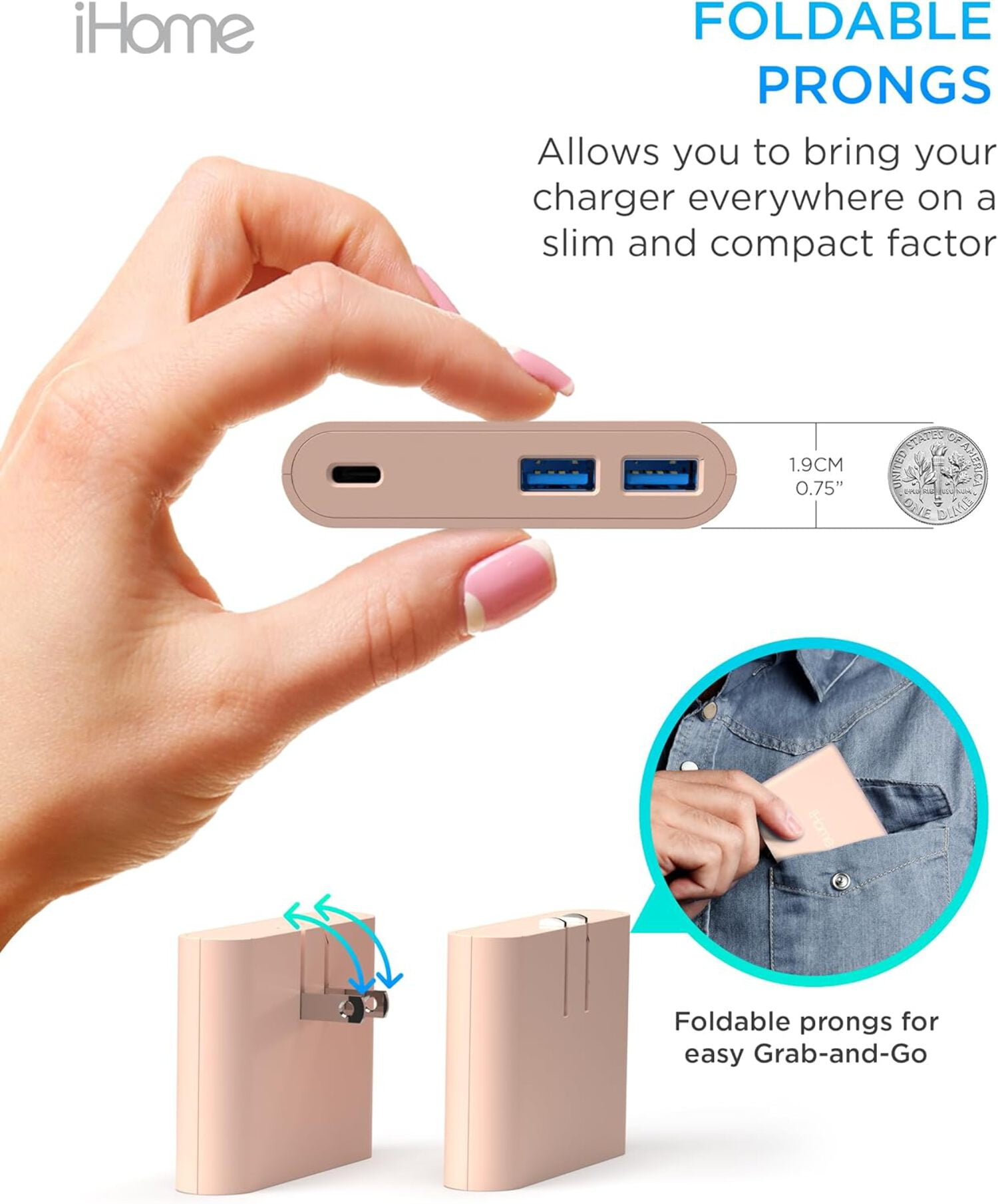 iHome 32W AC Pro Wall Charger, 3-Port (1 USB-C, 2 USB-A), Fast Charging, Universal Compatibility