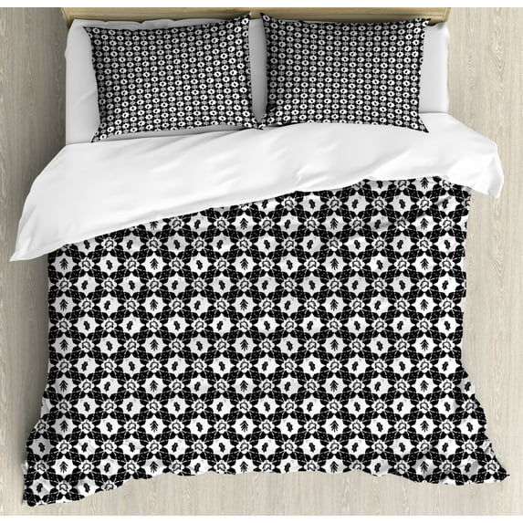 Floral Duvet Cover Set Queen Size, Abstract and Monochrome Illustration of Garden Items Botany Details, Decorative 3 Piece Bedding Set with 2 Pillow Shams, Charcoal Grey and White, by Ambesonne