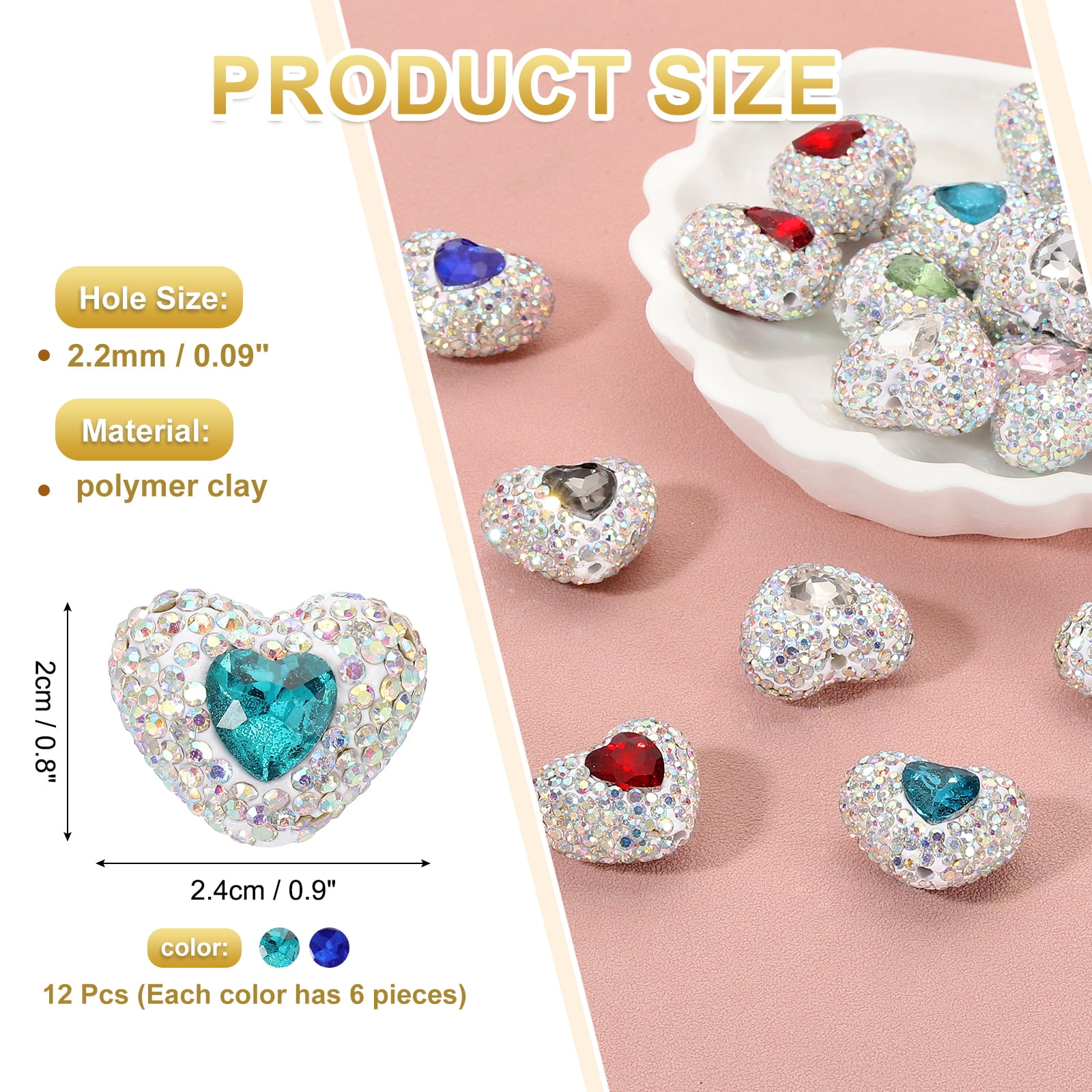 Uxcell 12Pcs Rhinestone Beads for Pens Heart Shape Fancy Focal Beads Bling Rhinestone for Beadable Pens Jewelry Making Keychain DIY Handicrafts(Lake Blue, Sea Blue)