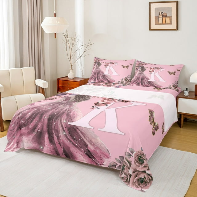 Erosebridal Ensemble de Draps Fleur Initiale K Format Simple, Draps de Lit Robe de Princesse Simple, Ensembles de Draps Simple Conte de Fées, Décoration de Chambre Respirante, 3 Pcs