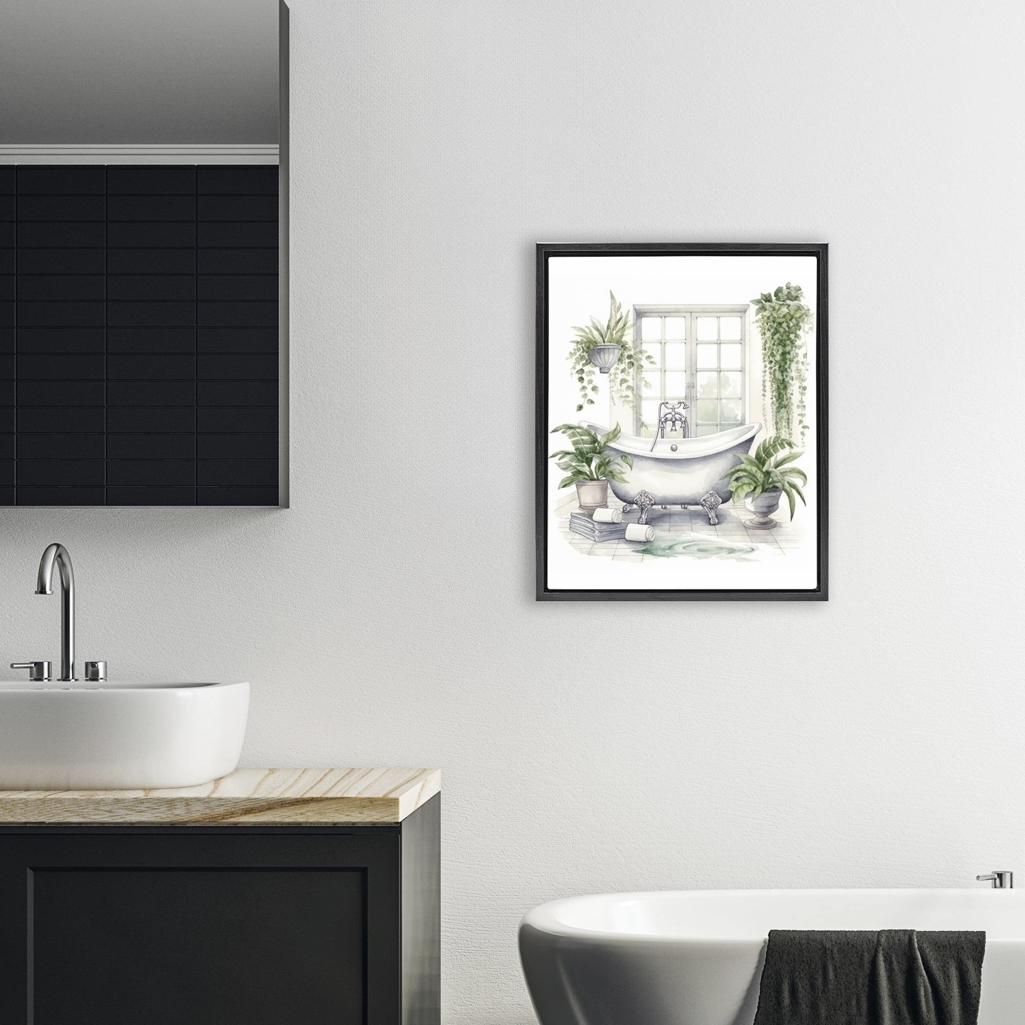 Lush Greenery Bathtub & Window Black Framed Floater Canvas Wall Art, design by Lettered and Lined