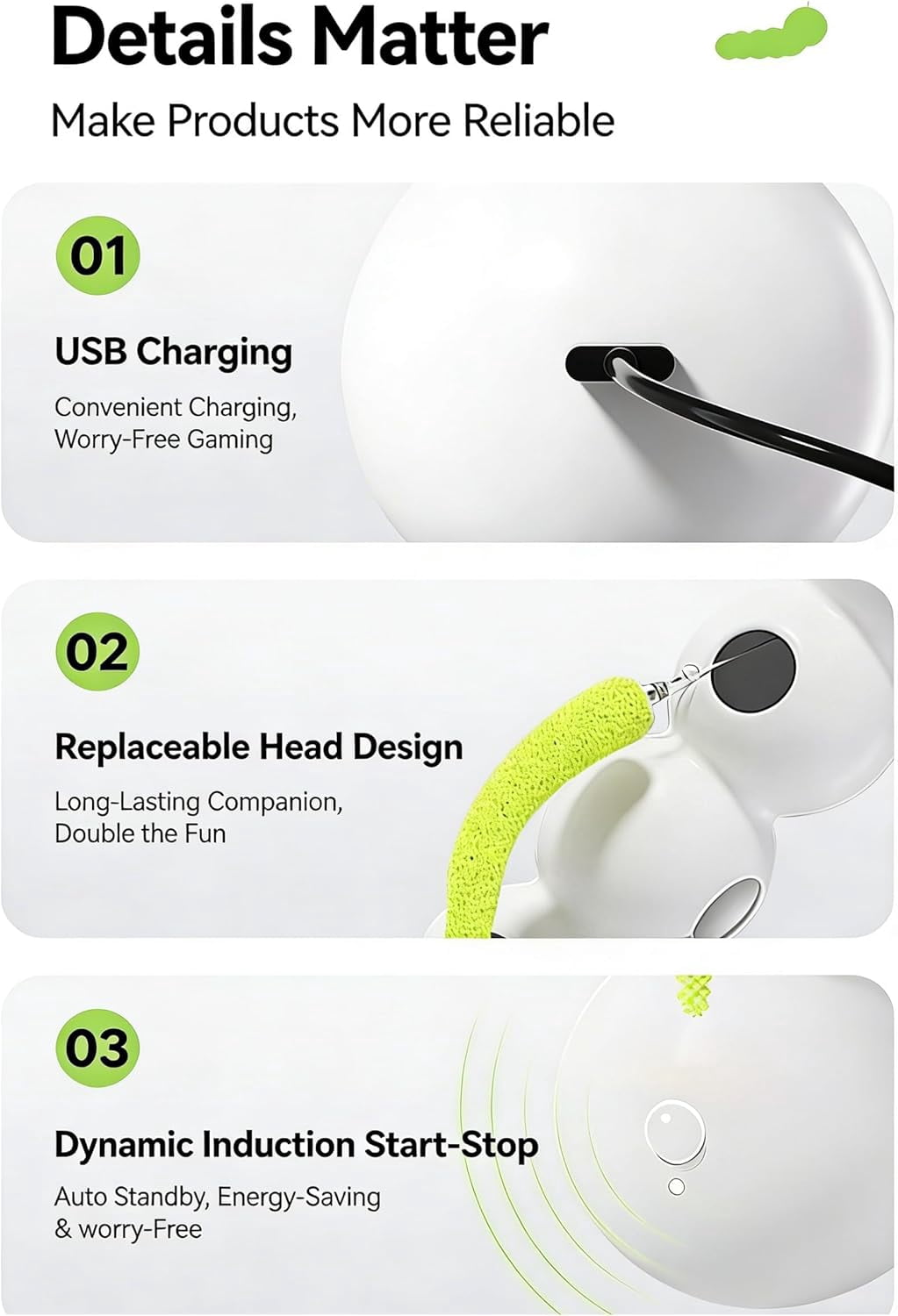 Smart Whack-A-Worm Interactive Cat Toy - Automatic Motion Sensing Caterpillar Teaser with Suction Base - USB Rechargeable Electronic Enrichment for Solo Play (Interactive Cat Toy)