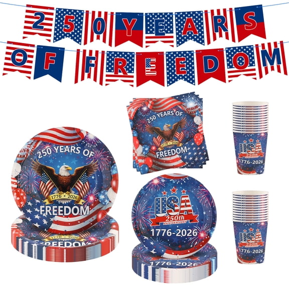 250th Anniversary Party Supplies Set for 24, USA 250th Years Party Decor 97 Pcs Disposable Paper Plates Napkins Cups, 250 Years of Freedom 1776-2026 American Eagle Patriotic Decoration