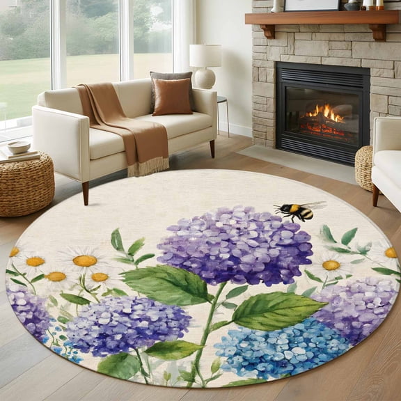 Round Rugs 5Ft, Purple Blue Flowers Round Area Rug Washable Indoor Throw Carpet, Farmhouse Botanical Watercolor Floral Soft Non Slip Circle Rug for Cabinet Bathroom Home Decor Aesthetic