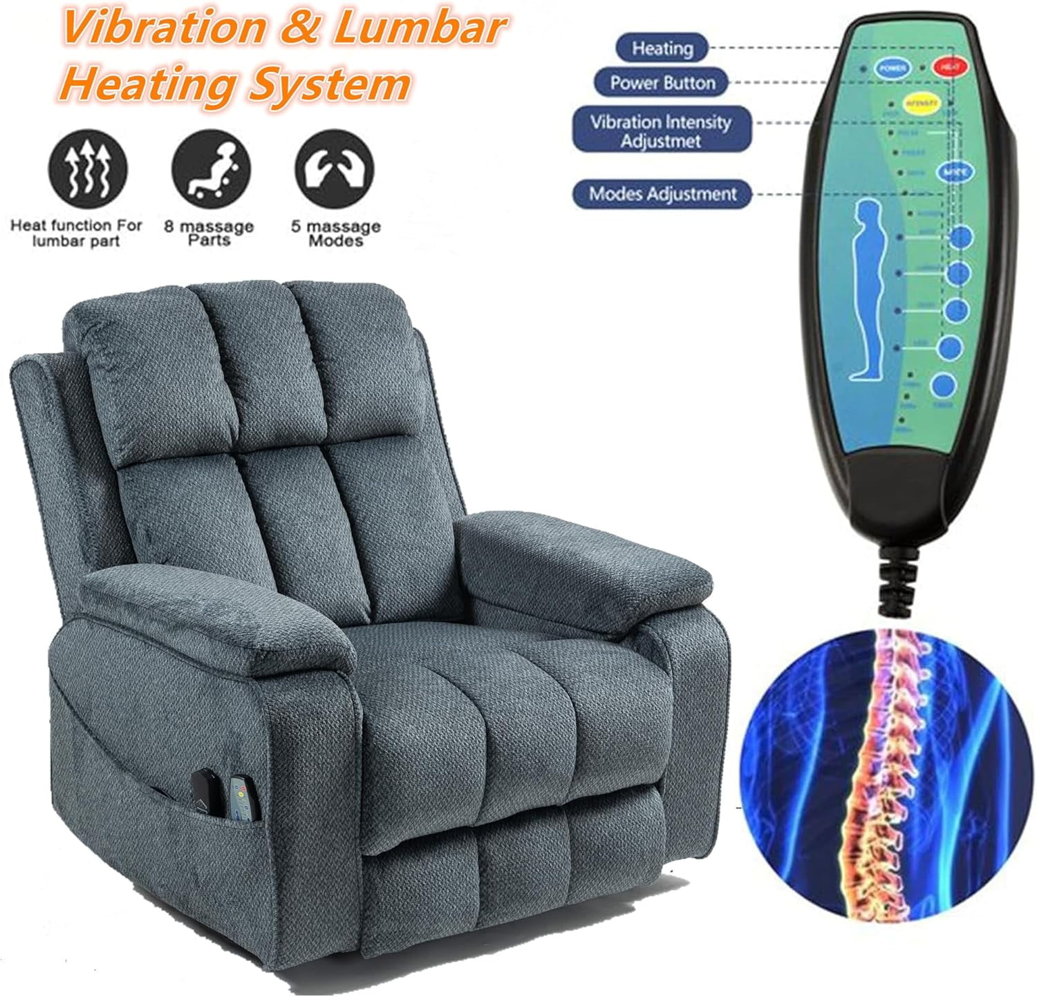 Power Lift Recliner Chairs for Elderly Big Man 400lbs, Oversized Lay Flat Recliner with Heat & Massage, Extended Footrest and Side Storage Cup Holder, USB Type C Charging for Adults Seniors