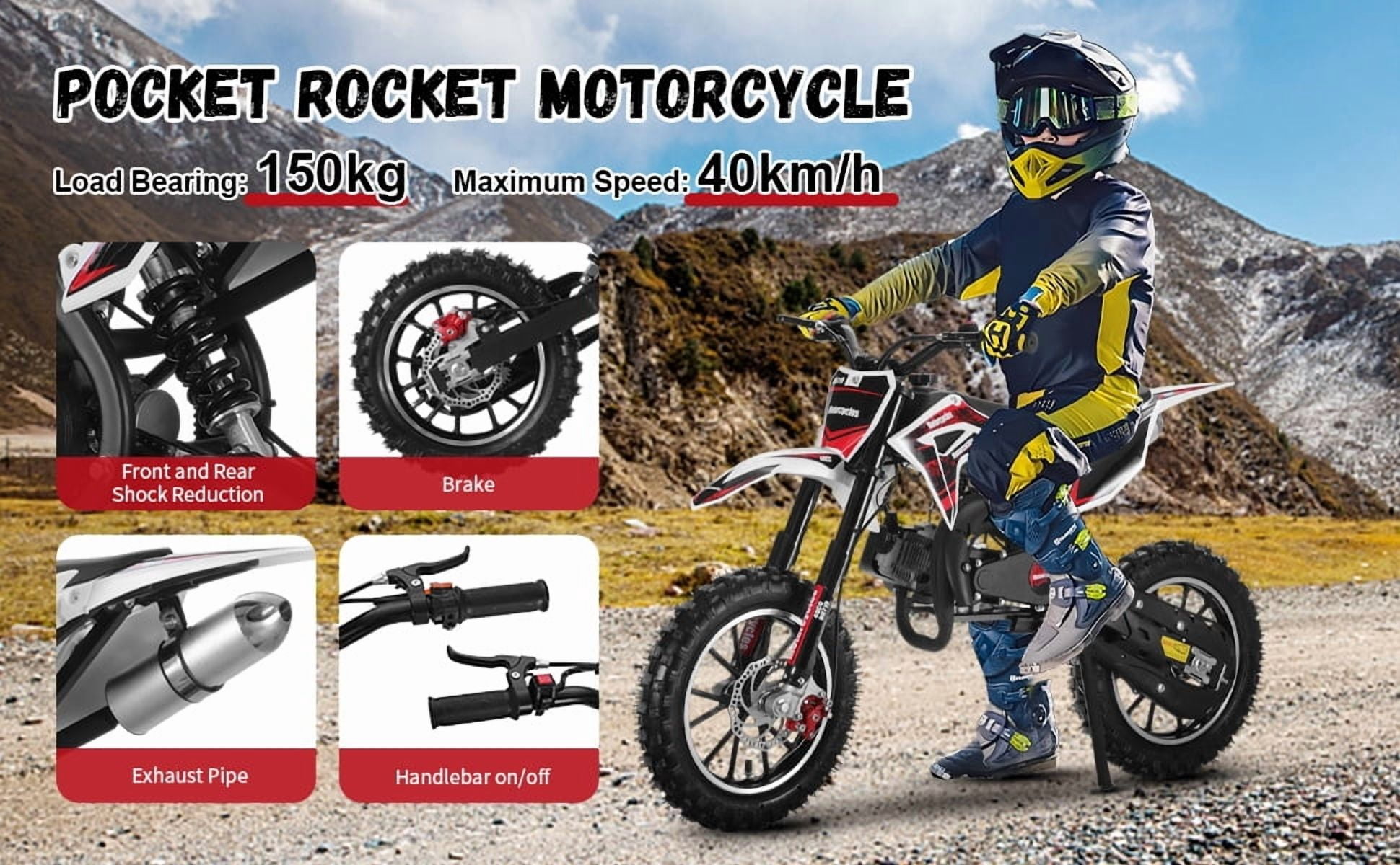 Korogimeeet Black 49cc 2-Stroke Gas Mini Dirt Bike, Upgraded Rear Fork Spacer Reduces Chain Drop, Disc Brakes, 10 Inch Tires, 40KM/H, 150kg Load, 47 x 28 Inch