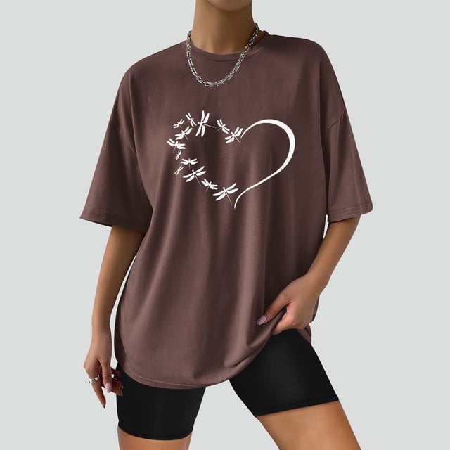 ICHUANYI Clearance Fashion Woman Solid Round-Neck Print Short Sleeve T-Shirt Printing Loose Blouse Tops(Brown, XXL) ICHUANYI WER2023081107669