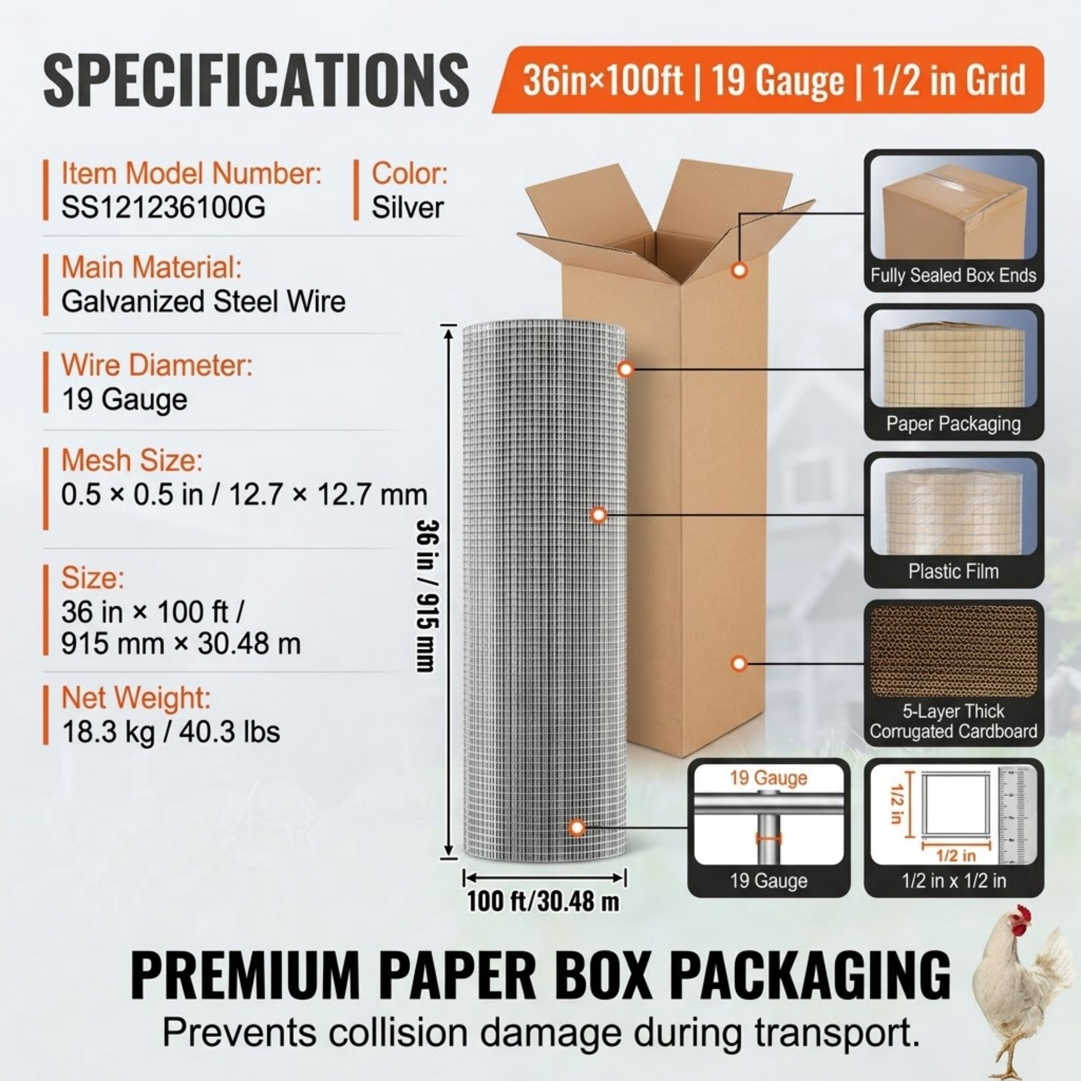 Hardware Cloth, 36" x 100' 1/2 inch 19 Gauge Hot Dipped Galvanized Wire Mesh Roll for Chicken Wire Fencing and Rabbit Cages