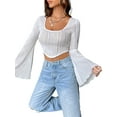 thumbnail image 2 of Biezeib Women´s Textured Crop Tops Long Sleeve Scoop Neck Hanky Hem Solid Color Slim Fit T-Shirt Streetwear, 2 of 6