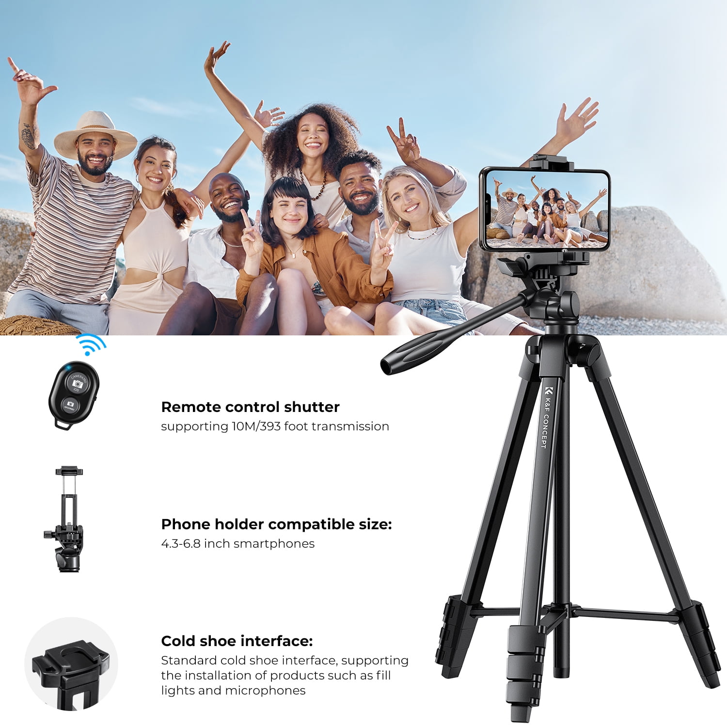 K&F CONCEPT 60" Ultra Lightweight Photography Camera Smartphone Tripod Stand with Remote, Cellphone Holder, 360° Panorama, Cold Shoe Interface, Portable Travel Tripods for iphone/phone