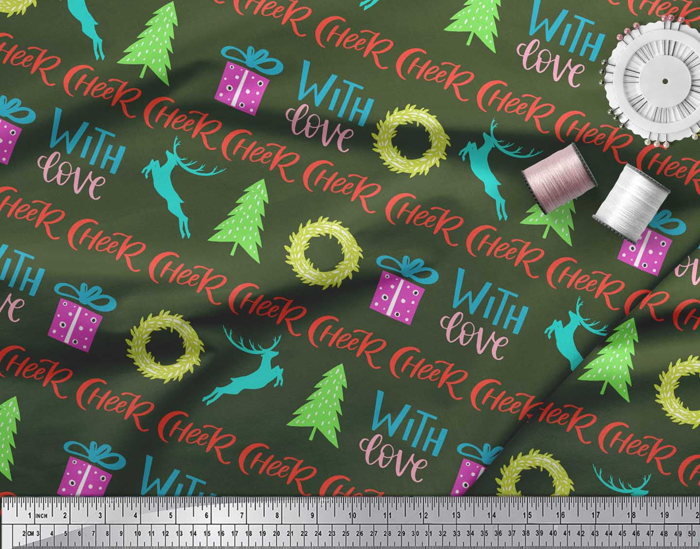 Soimoi Green polyester Crepe Fabric Christmas Tree & Gift Text Print Fabric by Yard 52 Inch Wide