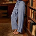 thumbnail image 6 of Gamviast Womens Striped Wide Leg Pants Elastic Waist Drawstring Side Slit Casual Palazzo Trousers with Pockets Lightweight Beach Pants for Vacation Lounge Summer Wear Navy L, 6 of 7
