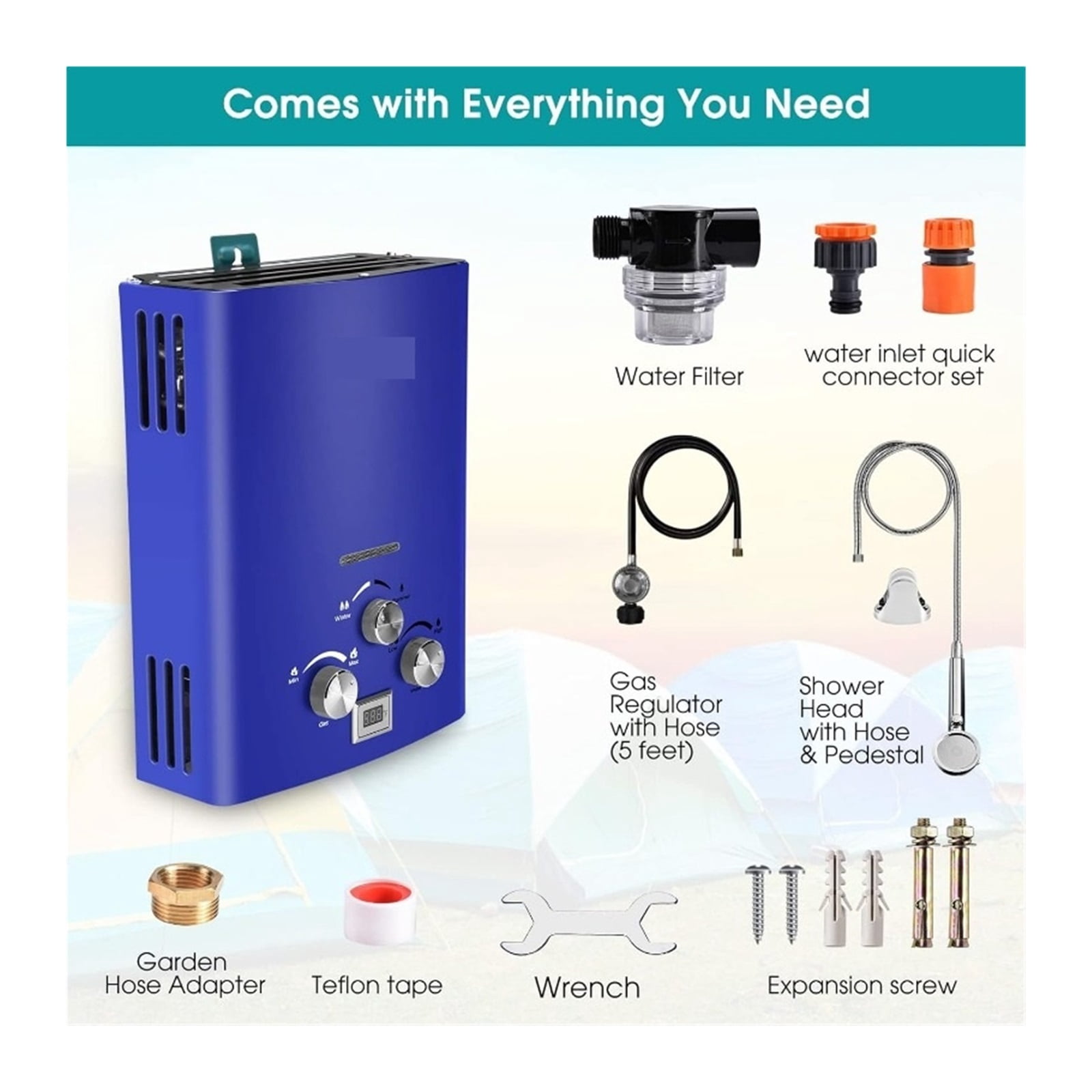 Water Heater -1.6GPM 6L Portable Gas Water Heater, Easy To Install, Propane Tankless Water Heater, Instant Hot Water For Shower ,Compact Design