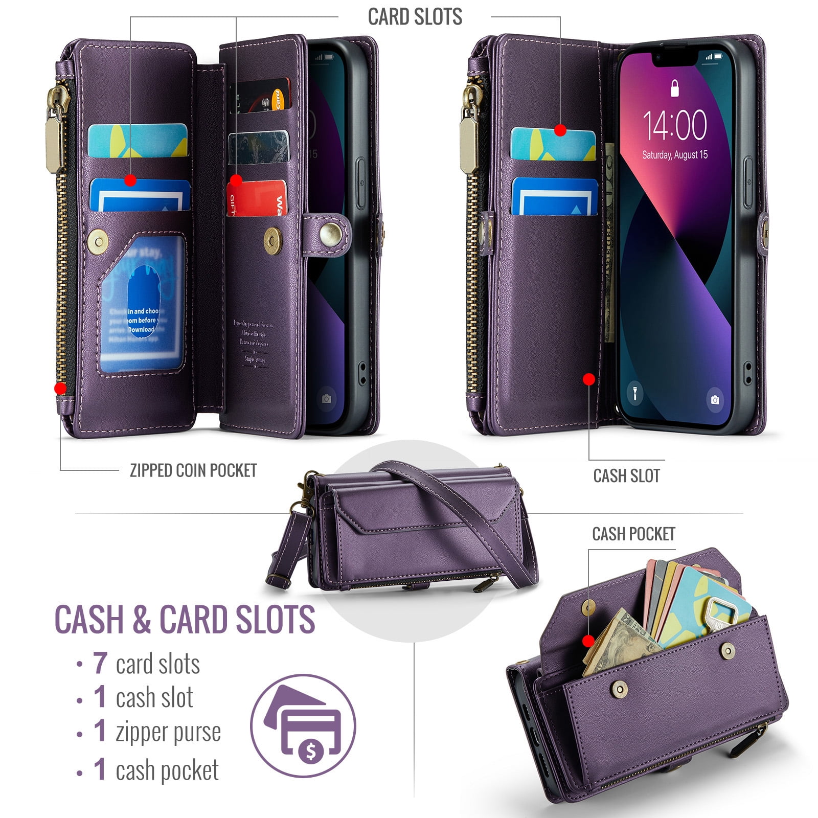 Compatible with iPhone 15 Plus 6.7 inch Zipper Wallet Phone Case Tempered Glass Screen Protector Crossbody Lanyard Strap Flip Card Holder Slot Cell Cover for i Phone15 15+ i15 + 15Plus Women Purple