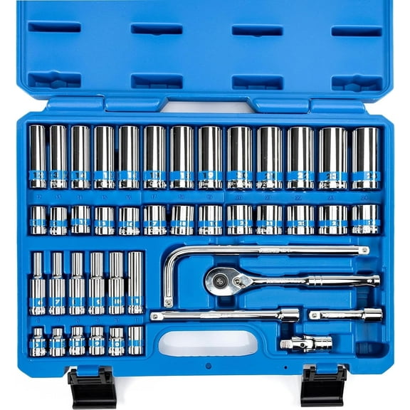 NEIKO 02512A 3/8” Drive Socket Set with Quick Release Ratchet (90 Tooth), 43 Piece Standard and Deep Metric Sizes, 6mm to 24mm, 6 Point, Universal Joint, 3/8” Extension Bars, Made with CR-V Steel