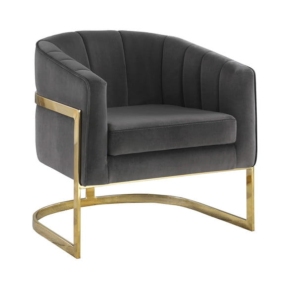 Pemberly Row Modern Channeled Tufted Barrel Accent Chair in Dark Gray and Gold