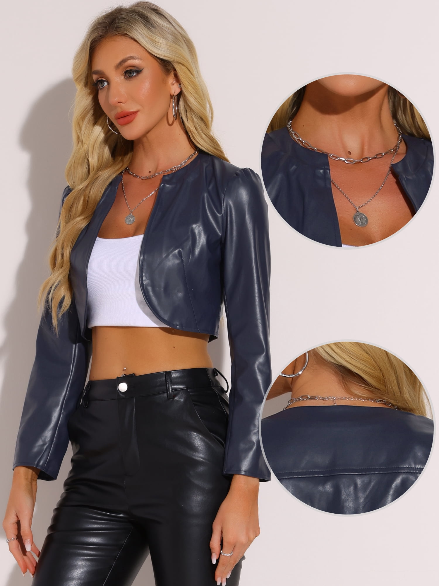 DARING DIVA Women's PU Bolero Shrug Leather Cropped Jacket Cardigan M Dark Blue