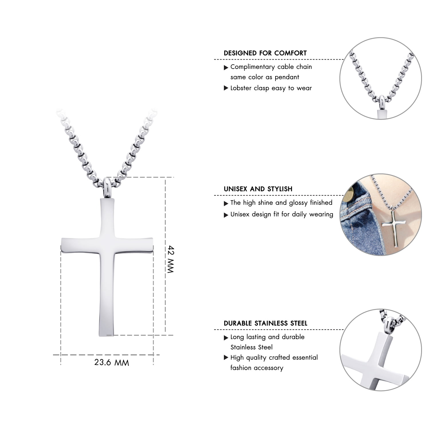 555Jewelery Stainless Steel Metal Cross Unisex Adjustable Rolo Chain Religious Christian Pendant Necklace, Silver 28 inch