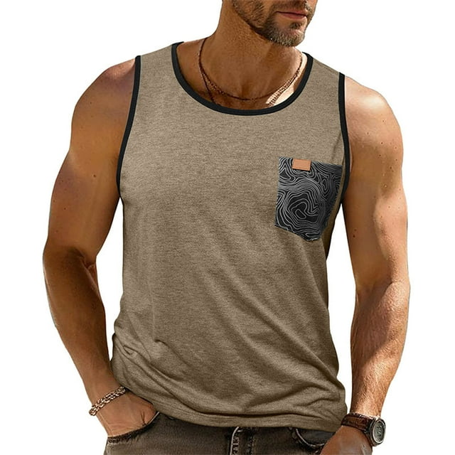 LOVZFMLL Tank Tops for Men's Summer Sleeveless Round Neck Color Blocked Pocket Round-Neck Tank