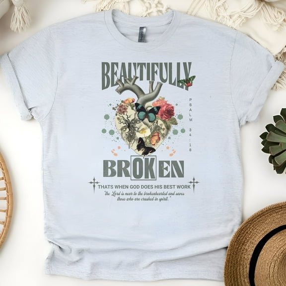 Beautifully Broken Faith Shirt for Women, Christian Scripture Tee with Heart and Butterfly Design, Ash, Size S
