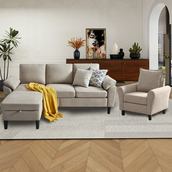 79" Convertible Sectional Sofa Set, Small L Shaped 3-Seat Couch with Reversible Chaise and Accent Chair, Modern Linen Sofas Couches for Living Room, Beige