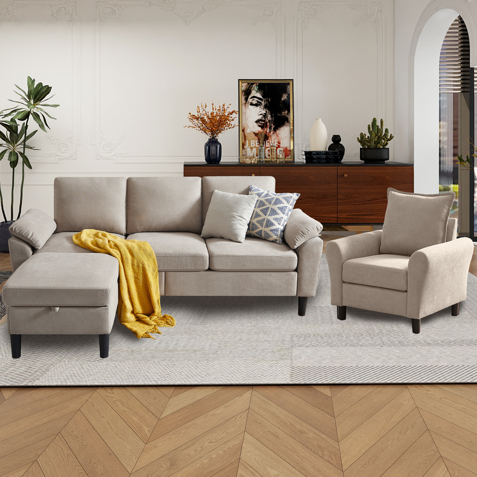 79" Convertible Sectional Sofa Set, Small L Shaped 3-Seat Couch with Reversible Chaise and Accent Chair, Modern Linen Sofas Couches for Living Room, Beige