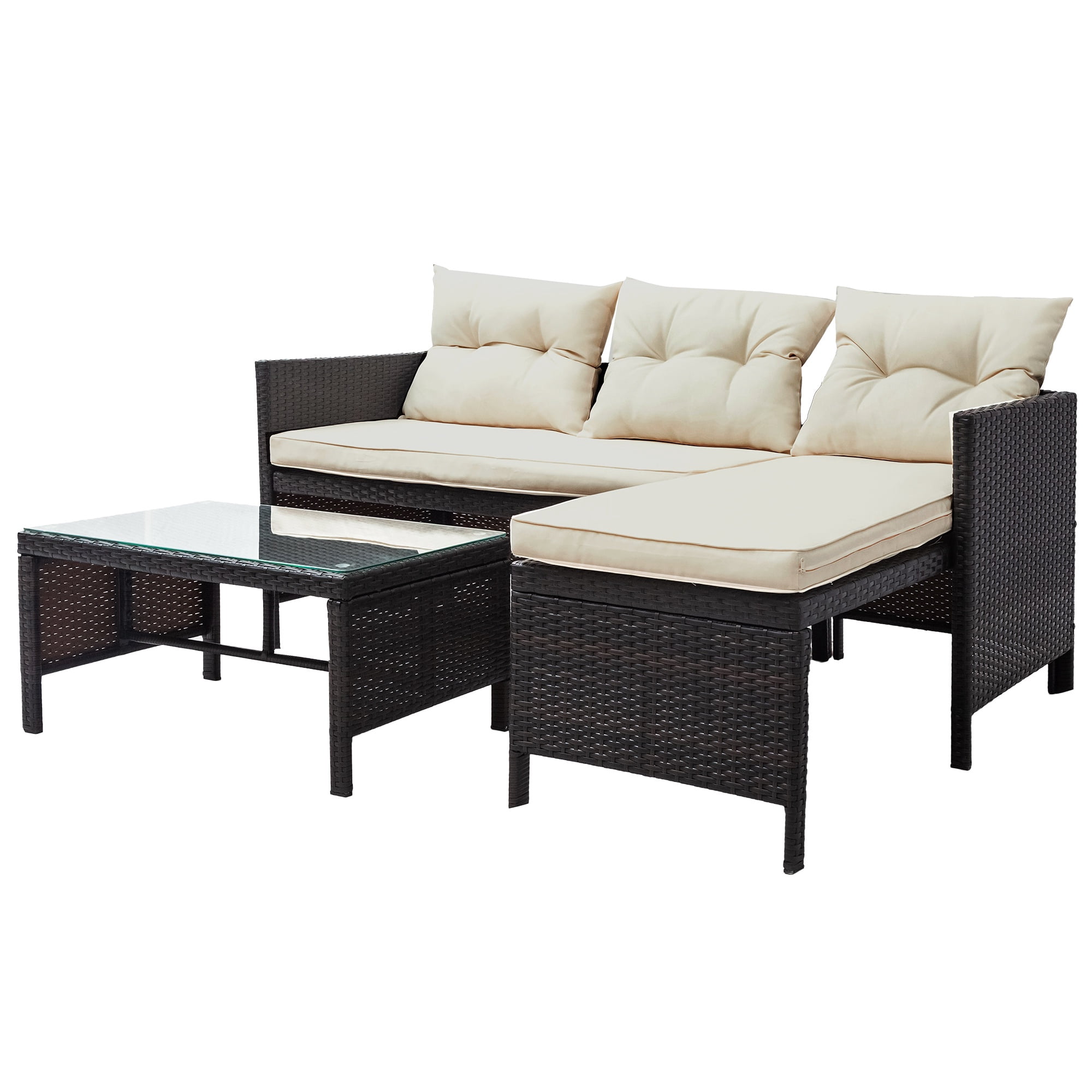 3 Pieces Patio Furniture Sectional Set, Outdoor Furniture Set with Two-Seater Sofa, Lounge Sofa, Table & Cushion, PE Rattan Wicker Bistro Set, Conversation Set for Garden, Backyard