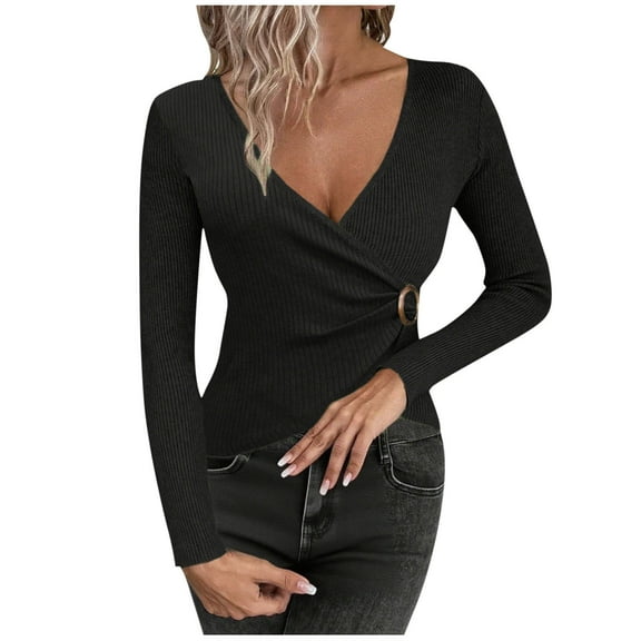 Women's V-Neck Wrap Sweater Cross Long Sleeve Ribbed Knit Pullover Slim Fit Top Black L
