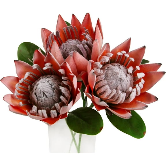 Artificial Protea Cynaroides for Flower Arrangements, Faux Protea for Table Decoration Centerpieces, 3 Pieces Silk Protea Bouquet for Wedding (3, Orange)