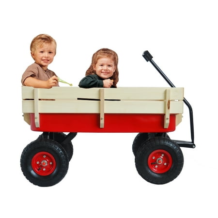 

FreshTop Outdoor Wagon All Terrain Pulling with Wood Railing Air Tires Children Kid Garden（Red）