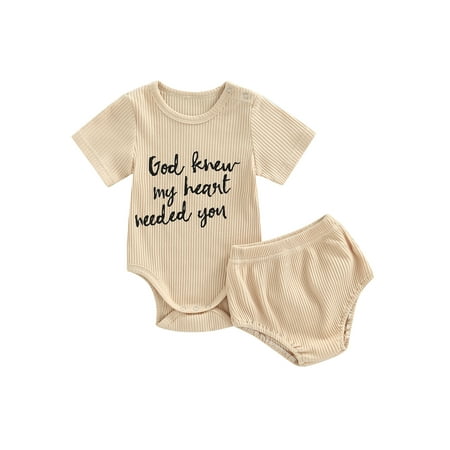 

Canrulo Newborn Infant Baby Boys Girls Summer Outfits Ribbed Letter Print Short Sleeve Romper and Shorts 2Pcs Clothes Khaki 12-18 Months