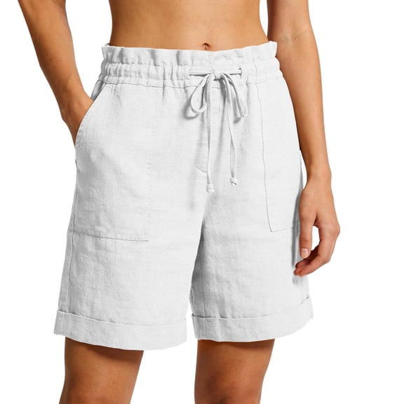 Ecqkame Womens Summer Linen Shorts Casual Loose Elastic Waist Pleated Shorts Lightweight Versatile Beach Shorts with Pockets White M