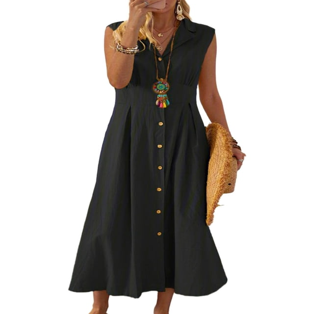 Robe Vintage en Coton et Lin pour Femmes, Robe Midi Décontractée d'Été à Boutons, Col en V, Grande Taille p-3TG
