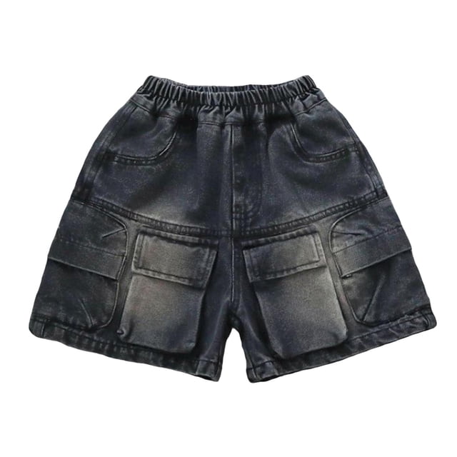Niñas Pantalones Cortos de Denim Color Sólido Cintura Elástica Casual Multi Bolsillo Shorts de Ropa de Trabajo para Niños Verano