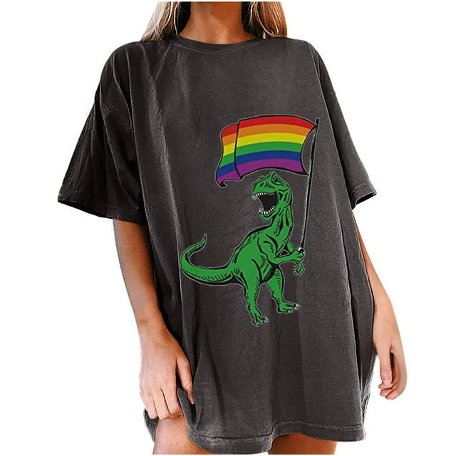 Pompotops Women's Summer Vintage Drop Sleeves Rainbow Print Short Sleeve Tops Blouse