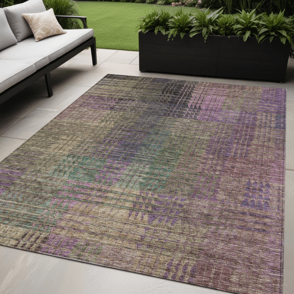 5' X 8' Plum Olive Green And Lavender Abstract Washable Indoor Outdoor Area Rug