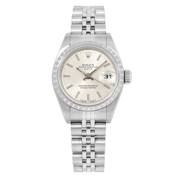 Pre-Owned Rolex Date 26MM 6924 Silver Dial Engine Turned Bezel Stainless Steel Jubilee Bracelet