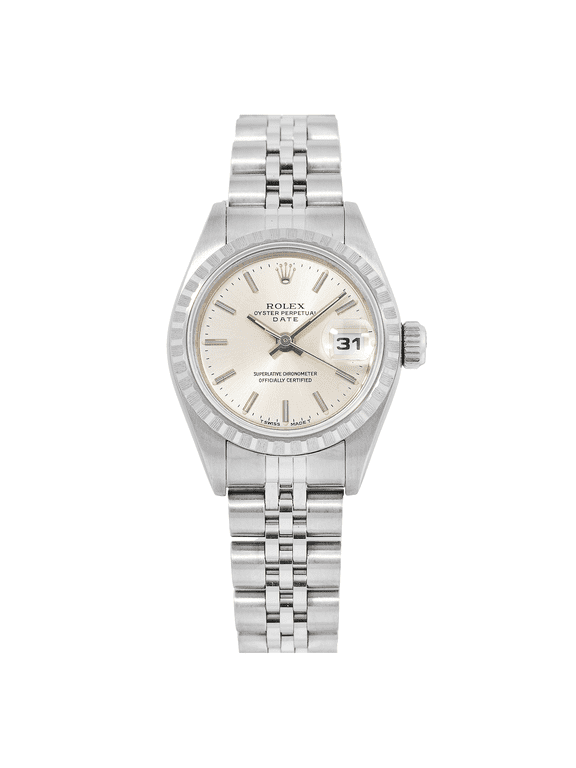 Pre-Owned Rolex Date 26MM 6924 Silver Dial Engine Turned Bezel Stainless Steel Jubilee Bracelet