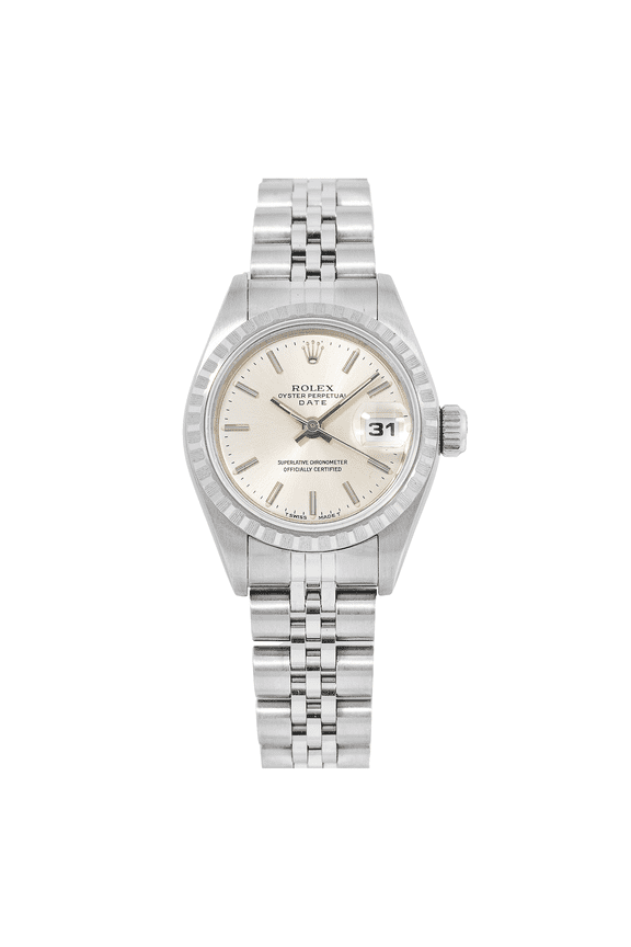 Pre-Owned Rolex Date 26MM 6924 Silver Dial Engine Turned Bezel Stainless Steel Jubilee Bracelet