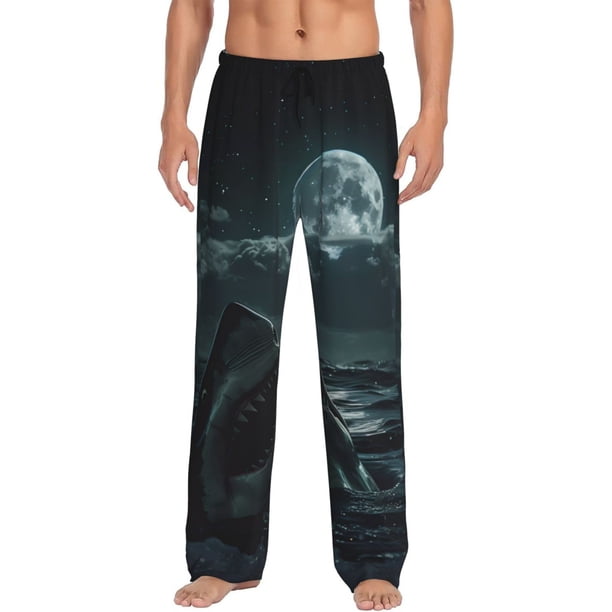Fotbe Moonlit Night Sky Shark Pantalones de Pijama para Hombre, Pantalones de Dormir, Pantalones de Casa con Cintura Ajustable y Bolsillos-Small