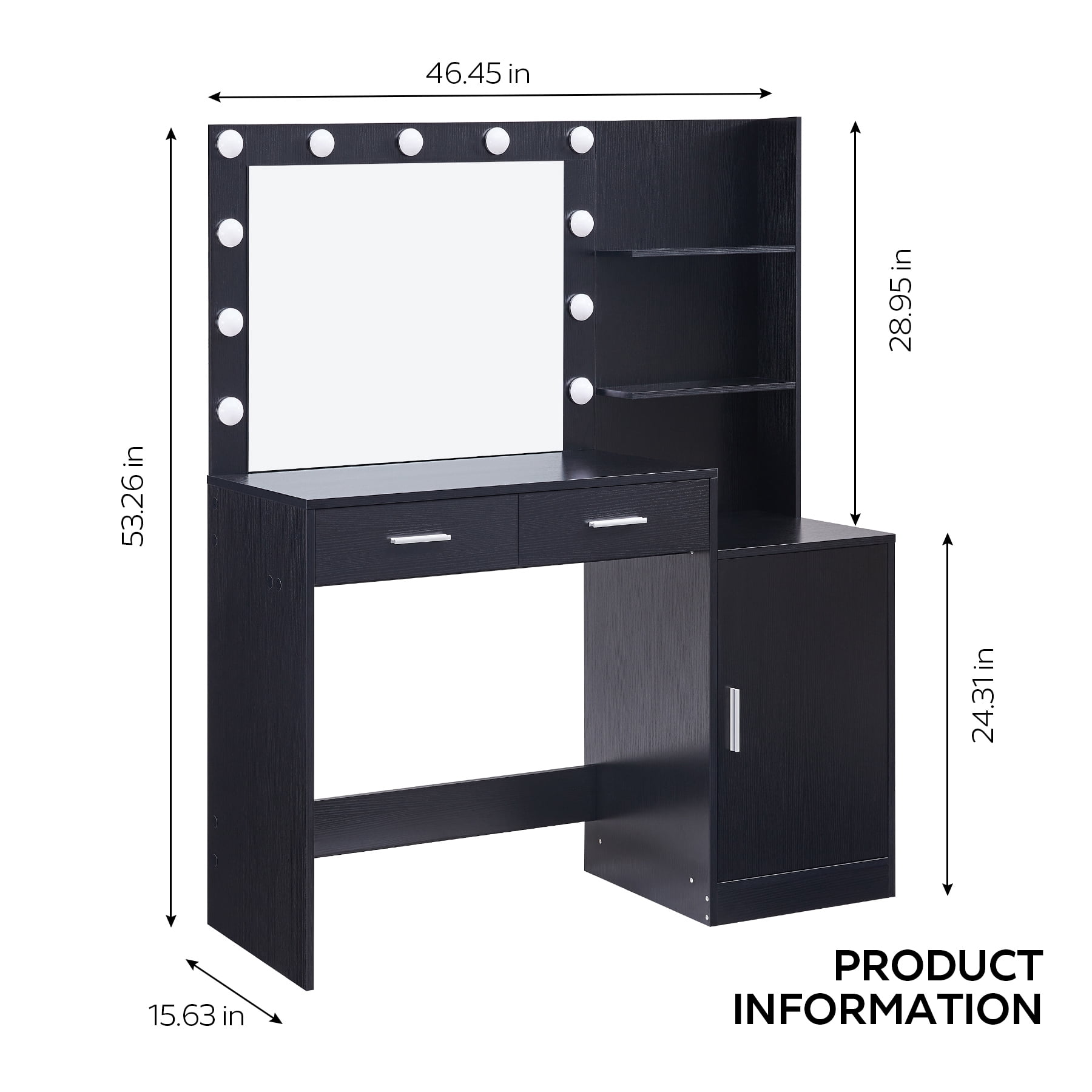Hommoo 46.4" Vanity Desk with Mirror, 3 Colors Lights, 2 Drawers & Open Storage, Makeup Vanity Dressing Table for Bedroom, Black