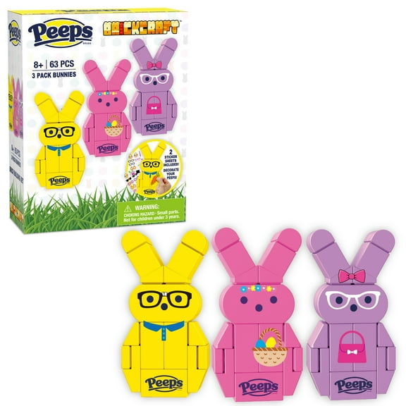 Brickcraft Peeps 3 Pack Bunnies - Yellow, Purple, Pink Brick Building Kit (63-Plastic Piece Set) Three Cute Easter Bunnies and Handle, Easter Decoration, Colorful Spring Gift Decorations for Home