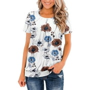 Ichuanyi Womens Tops, Summer Clearance Fashion Ruched Round Neck Blouse Tees For Women Printing Loose Short Sleeve Tops Summer Classic T-Shirt