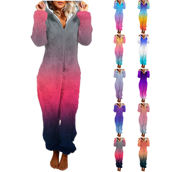 Xdegoge Adult Onesie Pajamas Womens Fleece Gradient Zip Up Fuzzy Pjs Loungewear Sleep Pajama One Piece Hooded Funny Jumpsuits Homewear